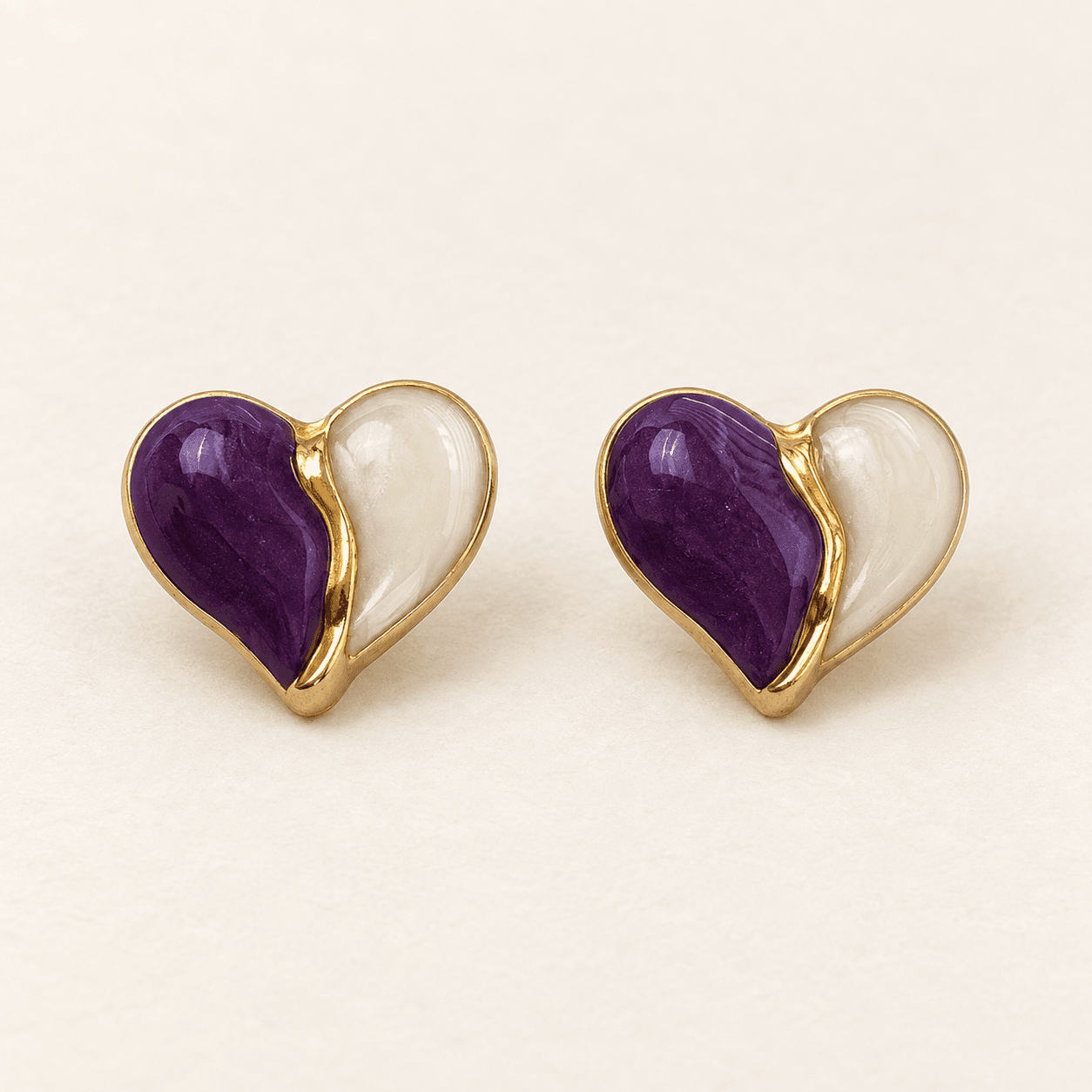 Purple & Ivory Heart Stud Earrings