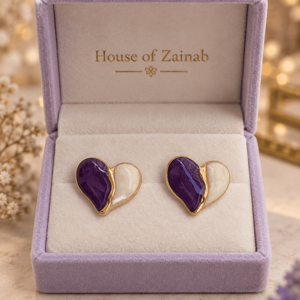 Purple & Ivory Heart Stud Earrings