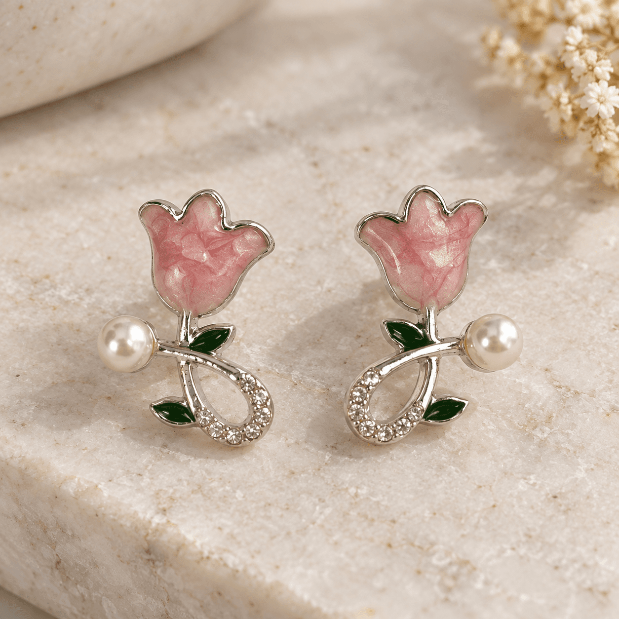 Pink Tulip Pearl-Accent Earrings