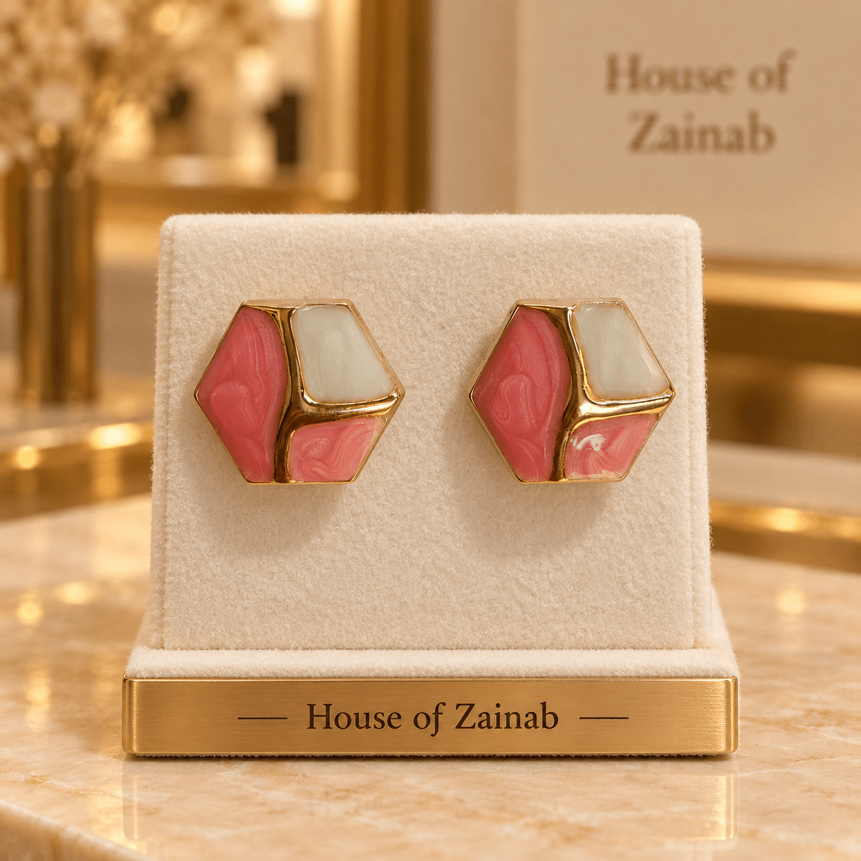 Coral & Ivory Geometric Stud Earrings