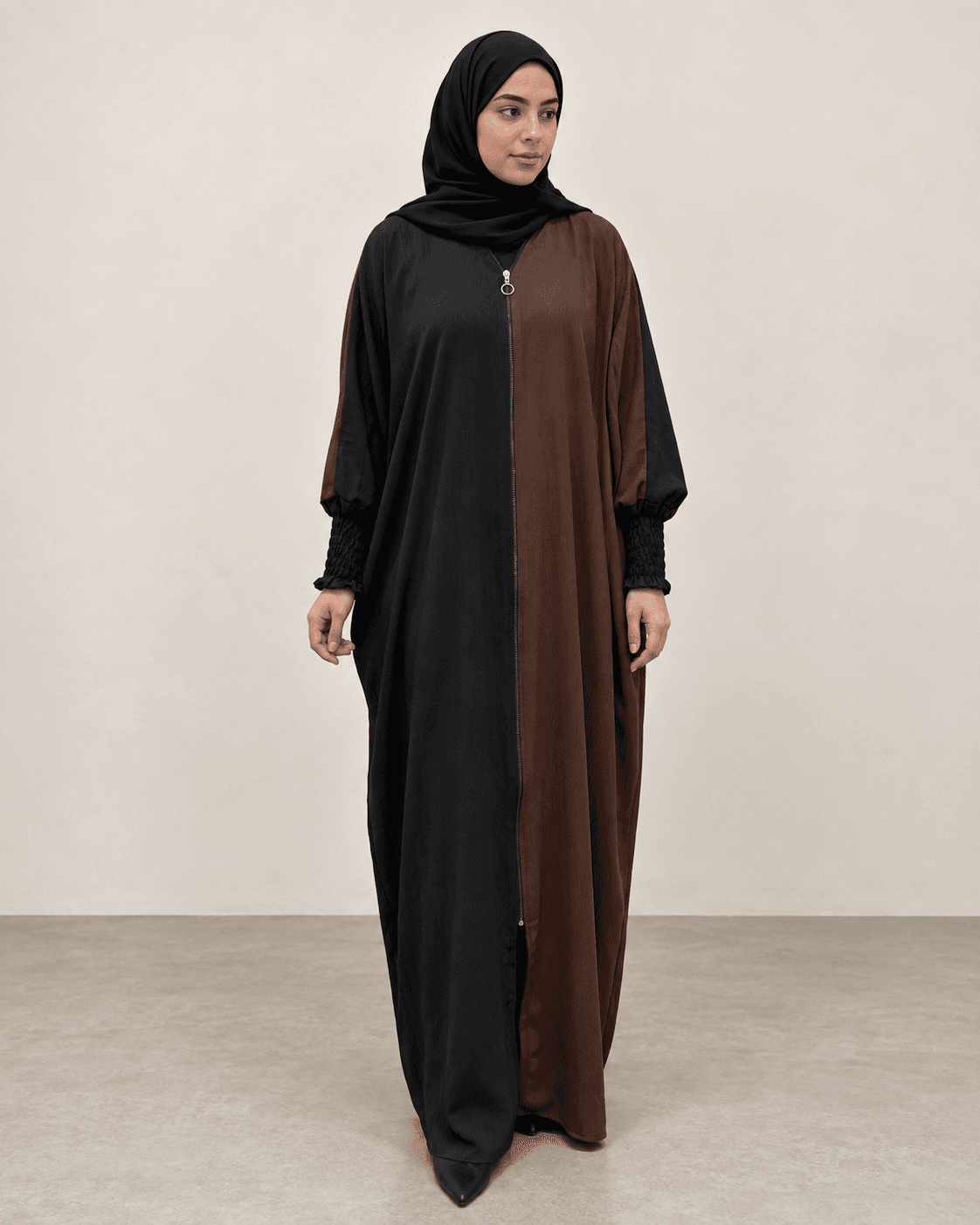Dual Colour Kaftan Abaya with Zipper Front & Gathered Sleeves