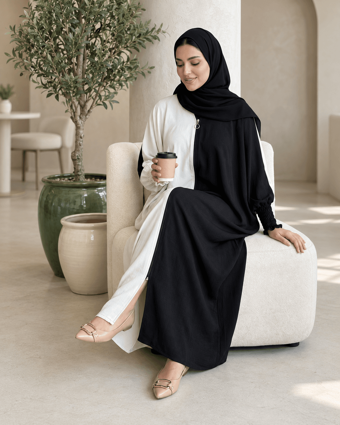 Dual Colour Kaftan Abaya with Zipper Front & Gathered Sleeves