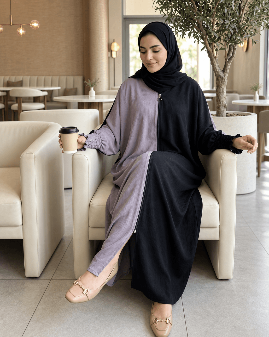 Dual Colour Kaftan Abaya with Zipper Front & Gathered Sleeves