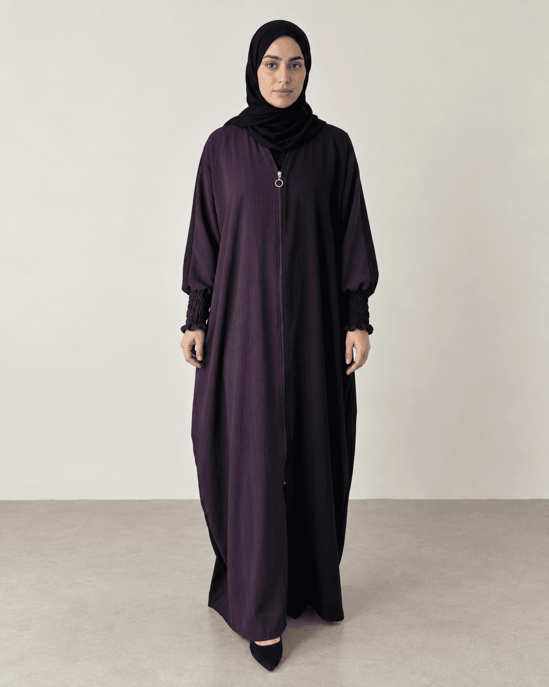 Dual Colour Kaftan Abaya with Zipper Front & Gathered Sleeves