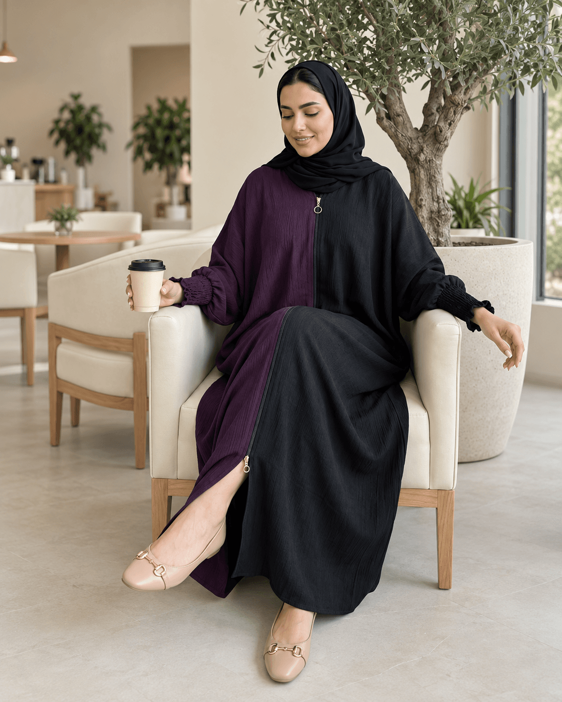 Dual Colour Kaftan Abaya with Zipper Front & Gathered Sleeves
