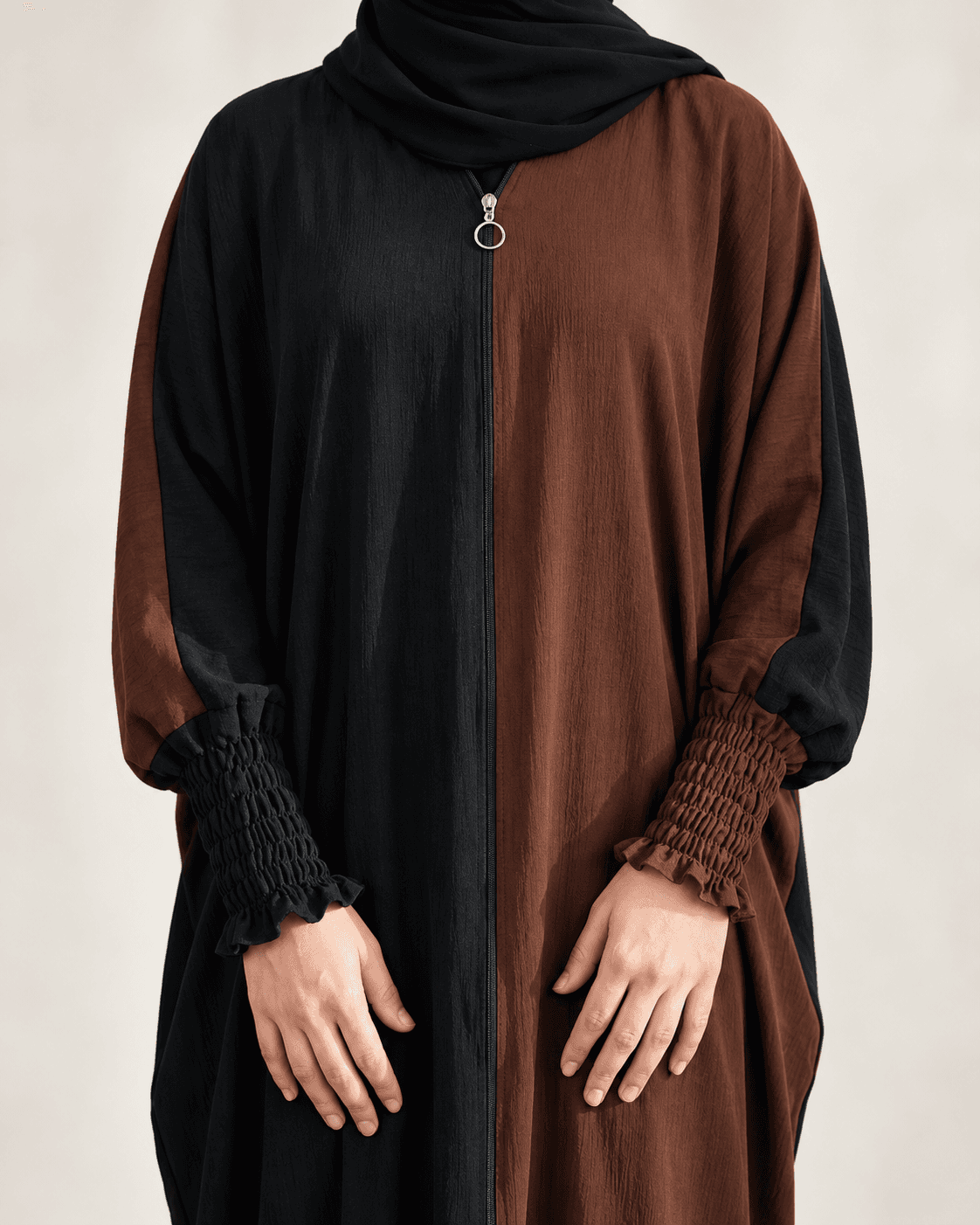Dual Colour Kaftan Abaya with Zipper Front & Gathered Sleeves