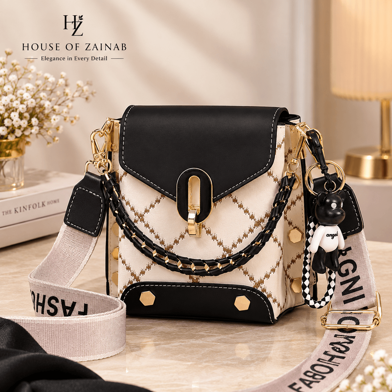Broad Belt Sling Bag with Beautiful Keychain