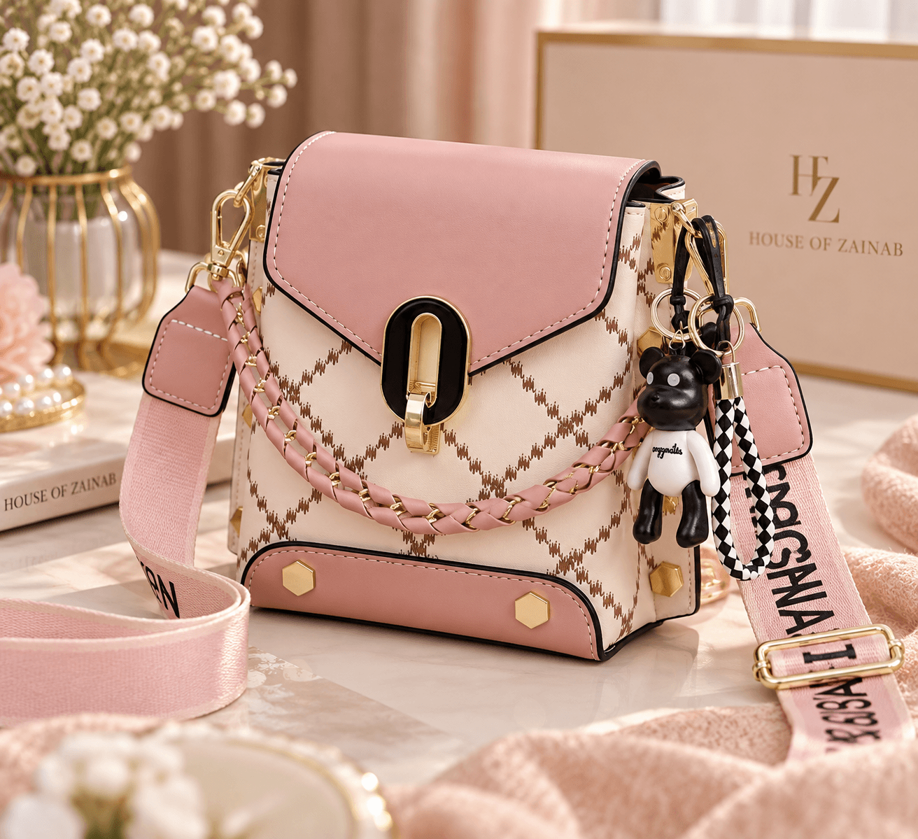 Broad Belt Sling Bag with Beautiful Keychain
