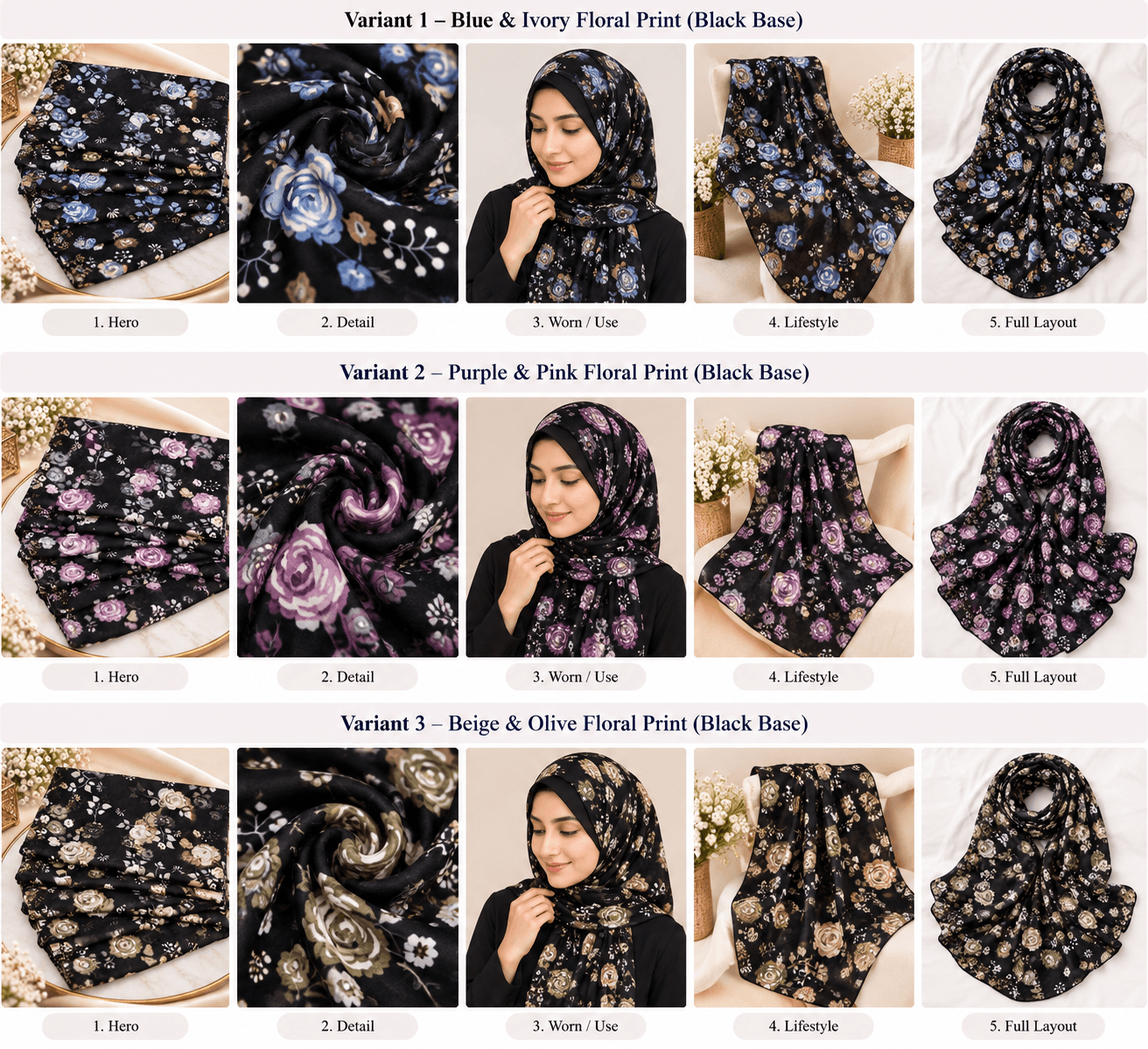 Black Floral Print Scarf
