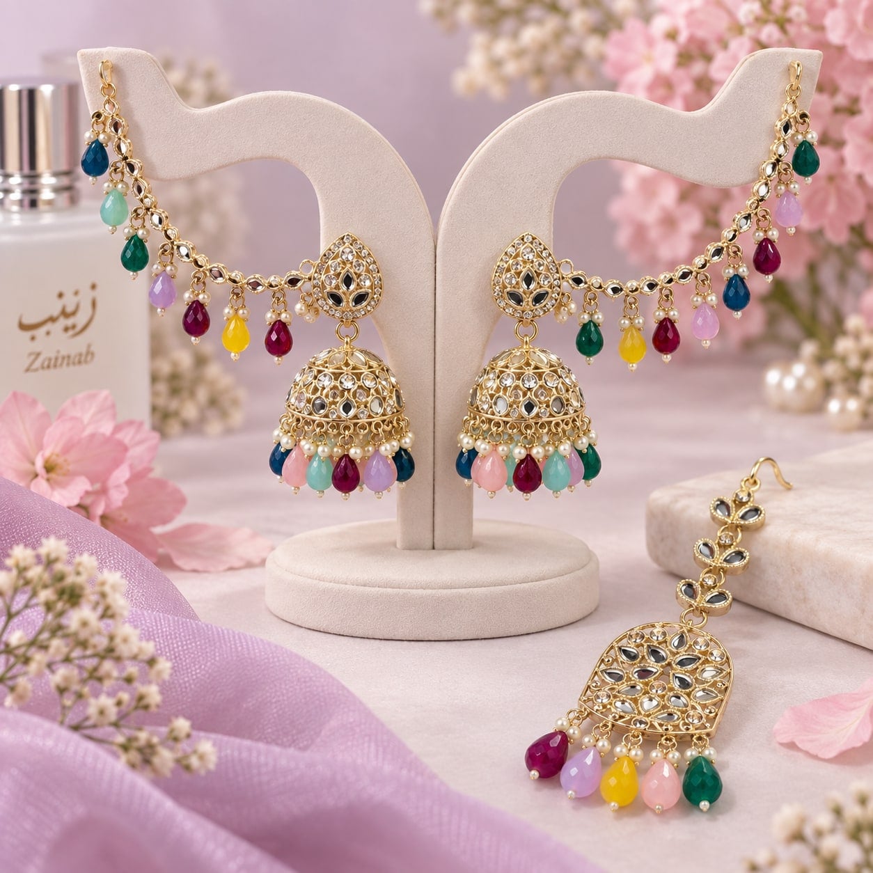 Multicolour Jhumka & Maang Tikka Set