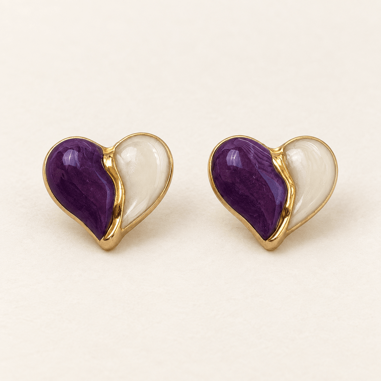 Purple & Ivory Heart Stud Earrings