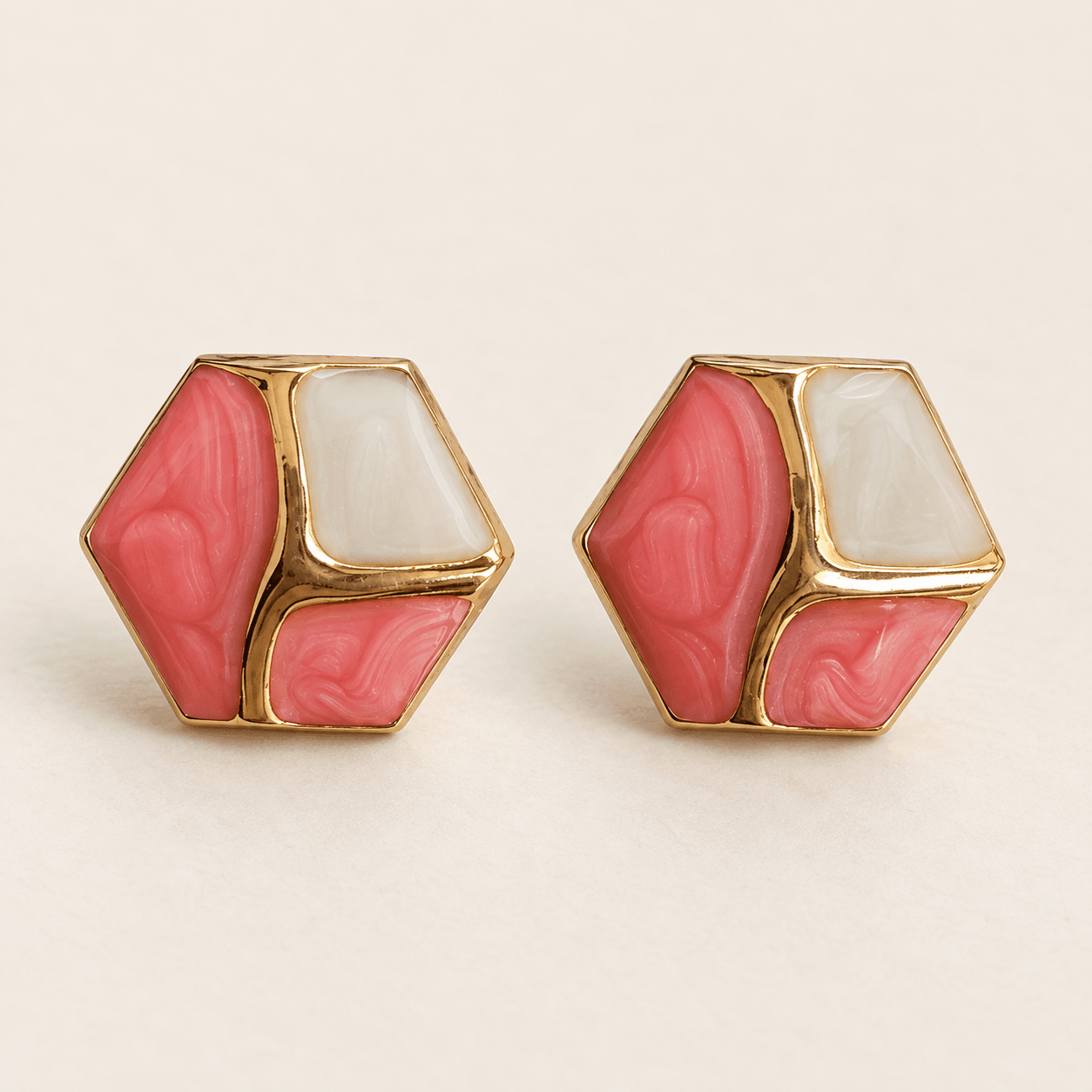Coral & Ivory Geometric Stud Earrings