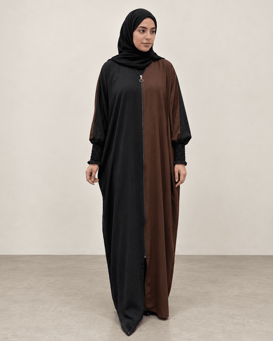Dual Colour Kaftan Abaya with Zipper Front & Gathered Sleeves