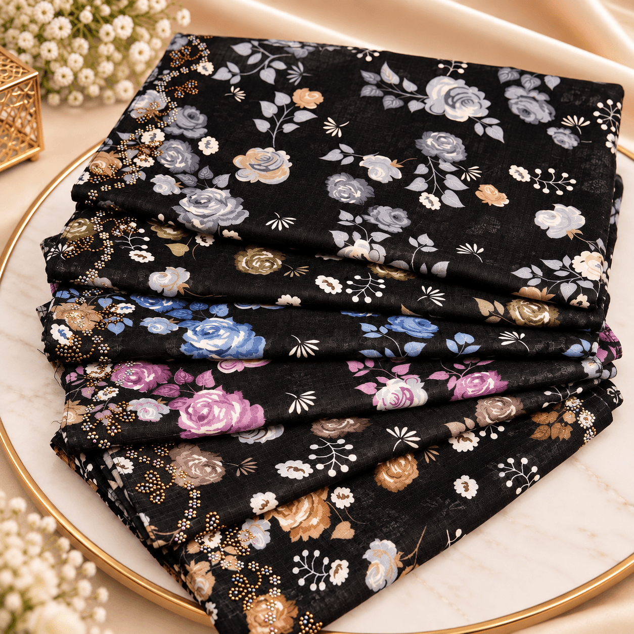 Black Floral Print Scarf